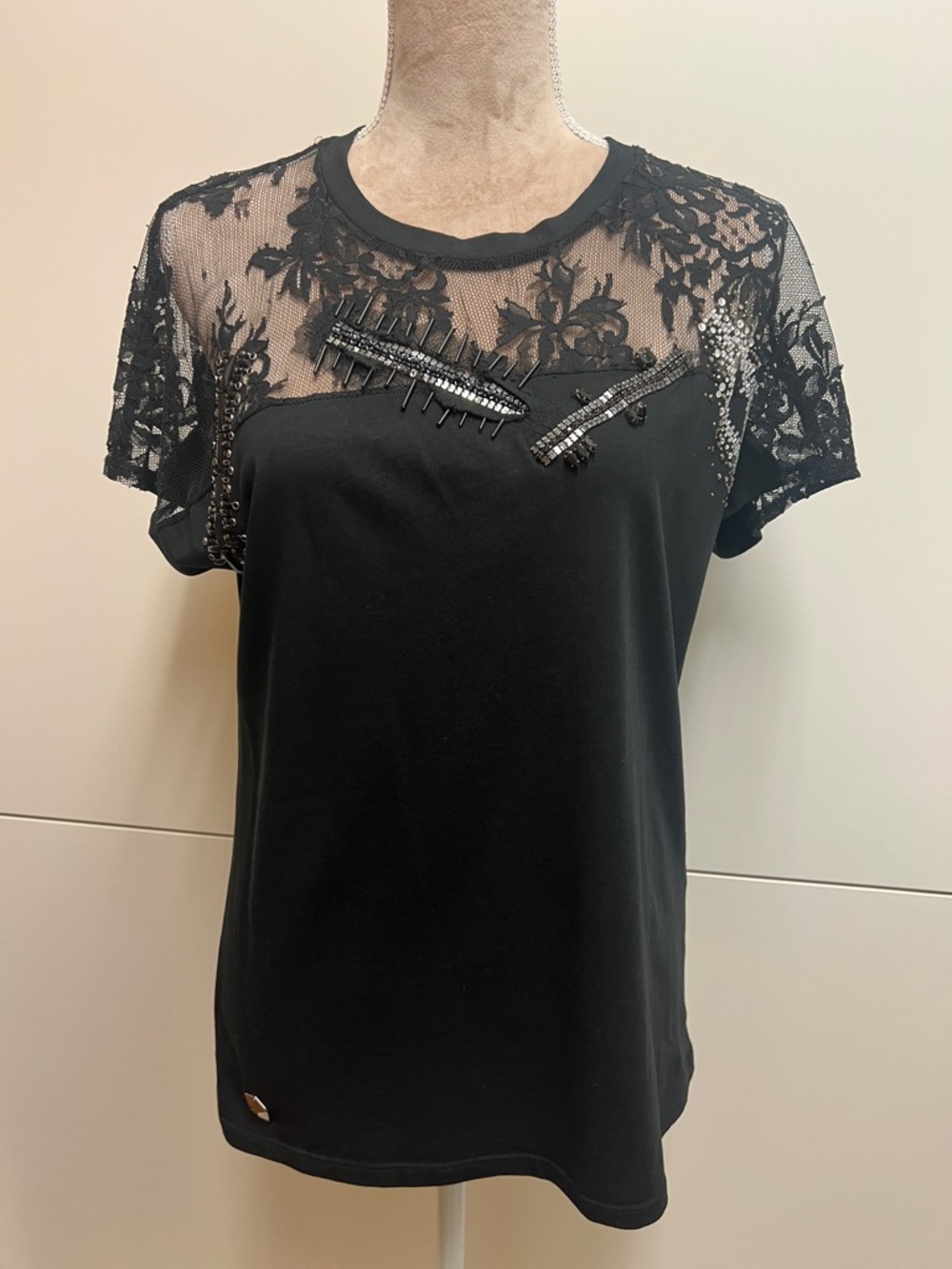 Philipp Plein Black Lace Yoke Short Sleeve Tee with Embellishment